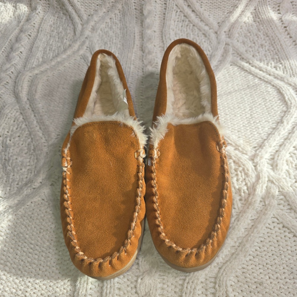 J Crew Suede Moccasin Slippers Hard Bottom Faux Fur Lined‎ Womens 10 Excellent